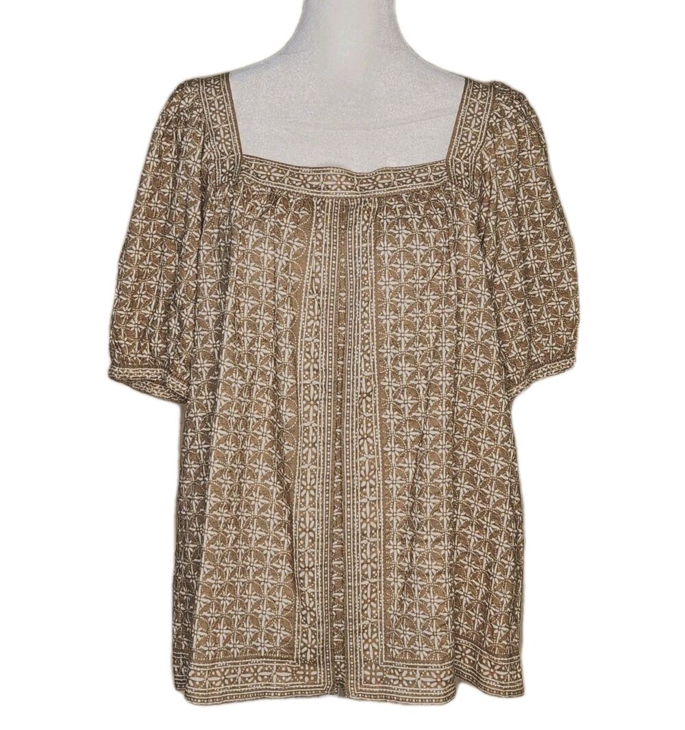 Max Studio London Boho Square Neck Blouse Peasant Top M Tan White Cottagecore